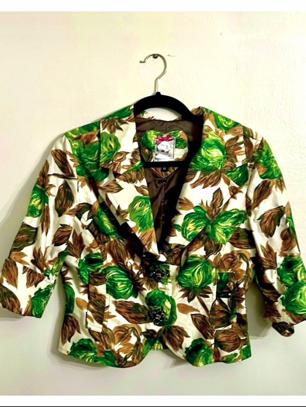 Yoana Baraschi Cropped Brown Green Ivory Print Cropped Cotton Jacket